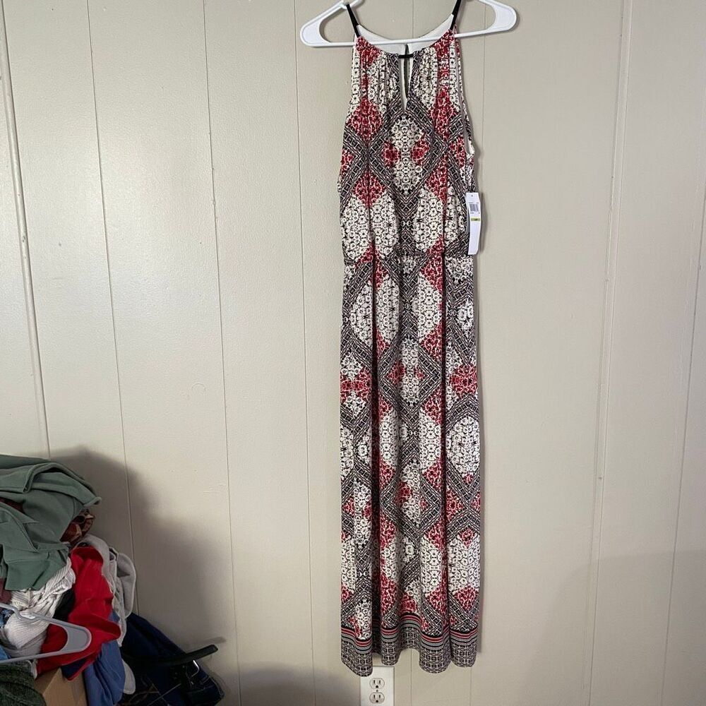 Suite 7 Maxi Dress 14P Petite Red Black Geometric Print NWT Sleeveless Summer Dr